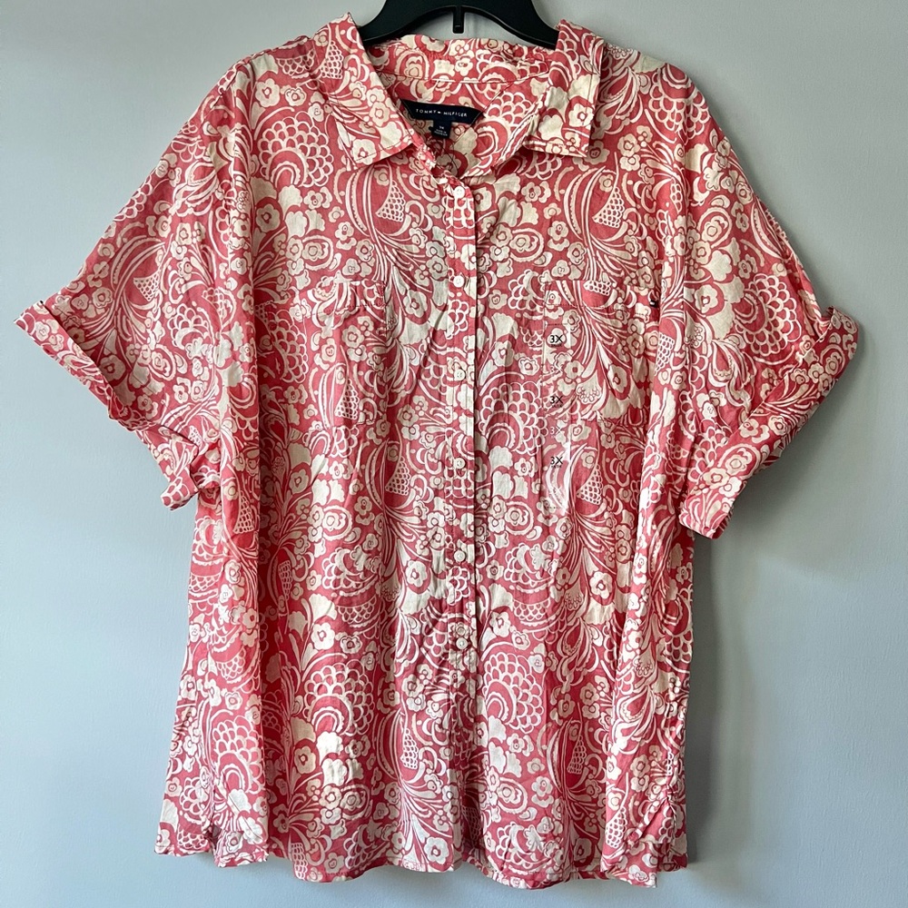 TOMMY HILFIGER Women’s Plus Camp Shirt Printed Knit Button-Down Top Size 3X